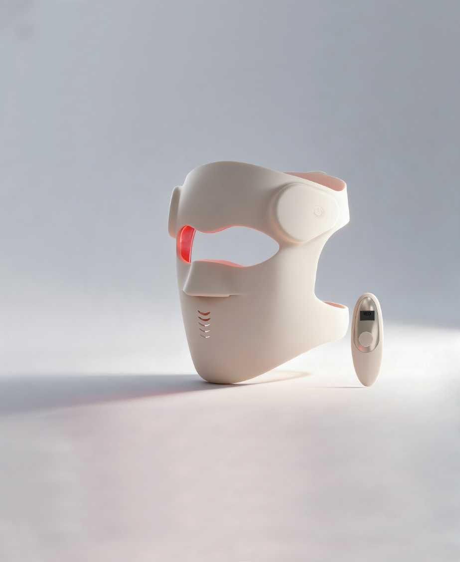 3D LED light therapy mask, three-quarter view